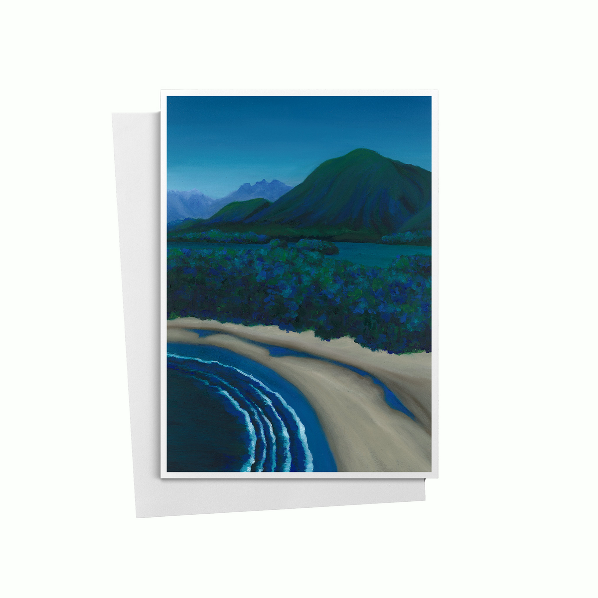 A vertical art print depicting a coastal landscape with deep blue ocean waves, sandy shore, dense blue foliage, and a mountain under a dark blue sky, shown against a white background with a soft shadow.