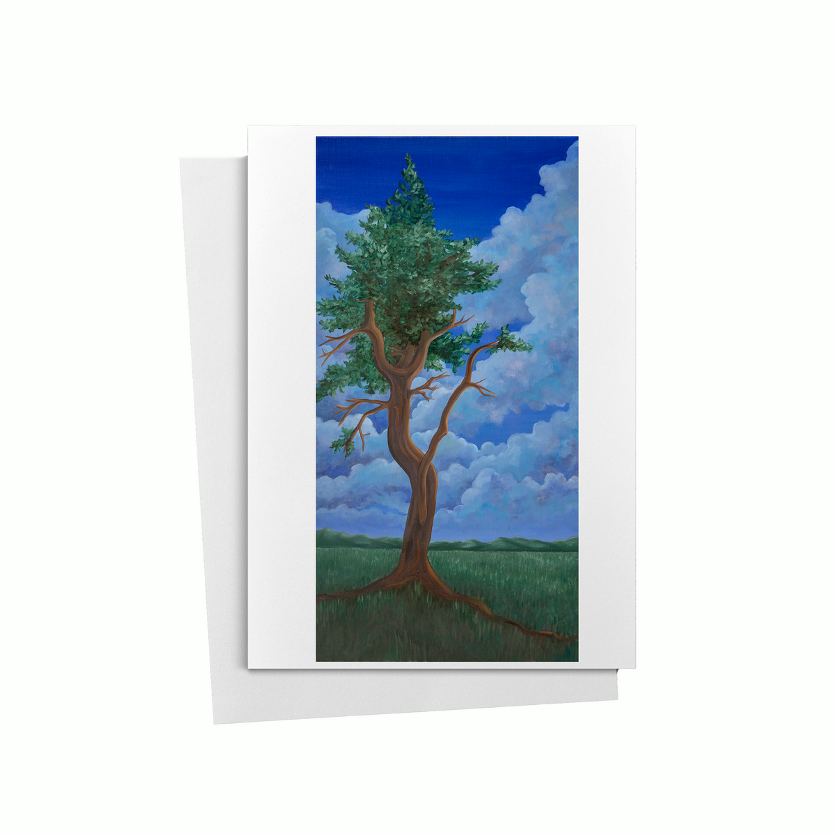 A vertical art print or card featuring a painted tree in a grassy field under a blue sky with white clouds, shown against a plain white background with a white sheet behind it.