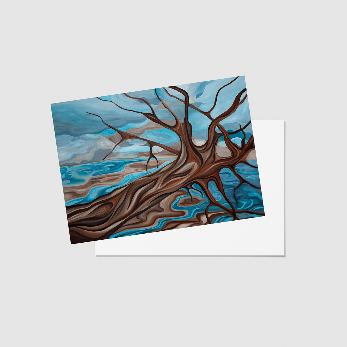 A square art print or card featuring a stylized painting of a gnarled brown tree trunk over swirling blue and gray water, shown at an angle with a white envelope behind it on a light gray background.