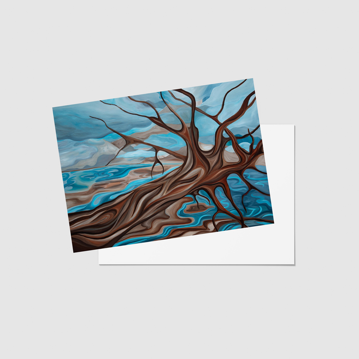 A square art print or card featuring a stylized painting of a gnarled brown tree trunk over swirling blue and gray water, shown at an angle with a white envelope behind it on a light gray background.